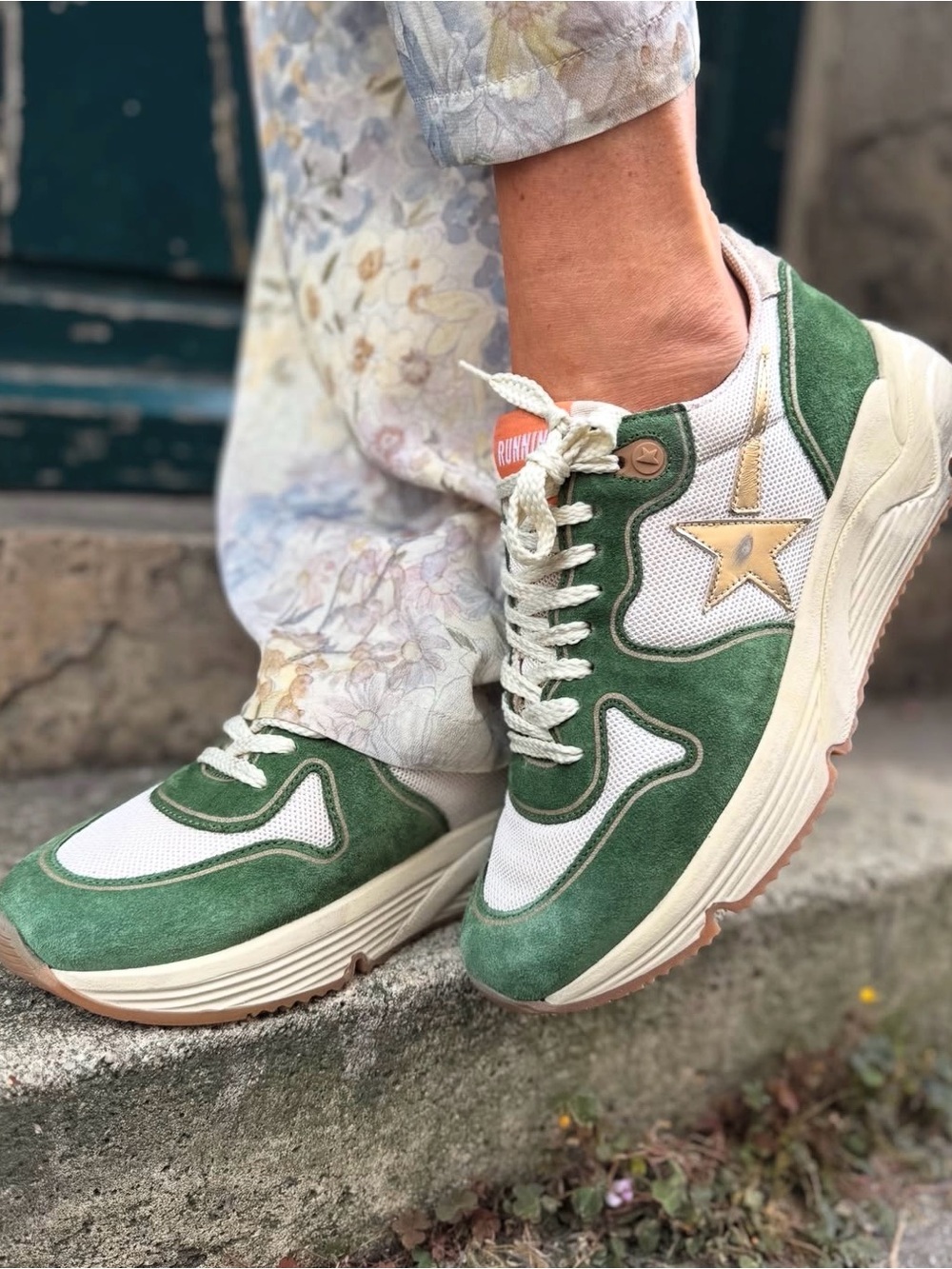 Golden Goose Running Sole Sneaker in Green Suede/White/Gold sz 36 New in Box